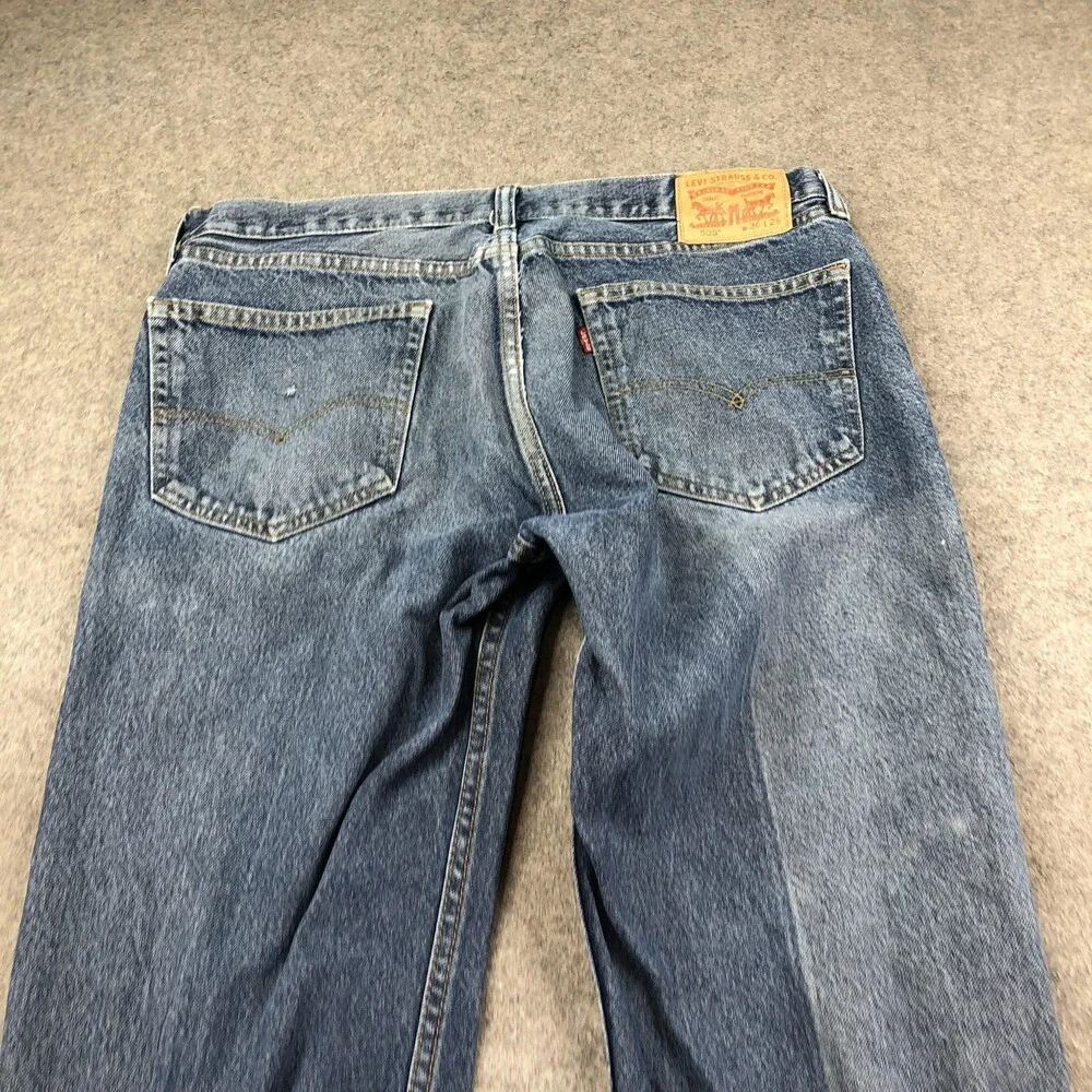 Levis 505 Jeans Mens 36x29 Blue Medium Wash Regular Straight Distressed Denim